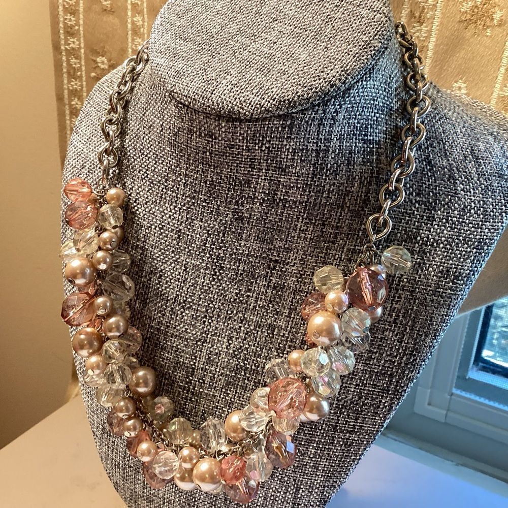 Elegant Faux Pearls and Pink and White Crystal Necklace